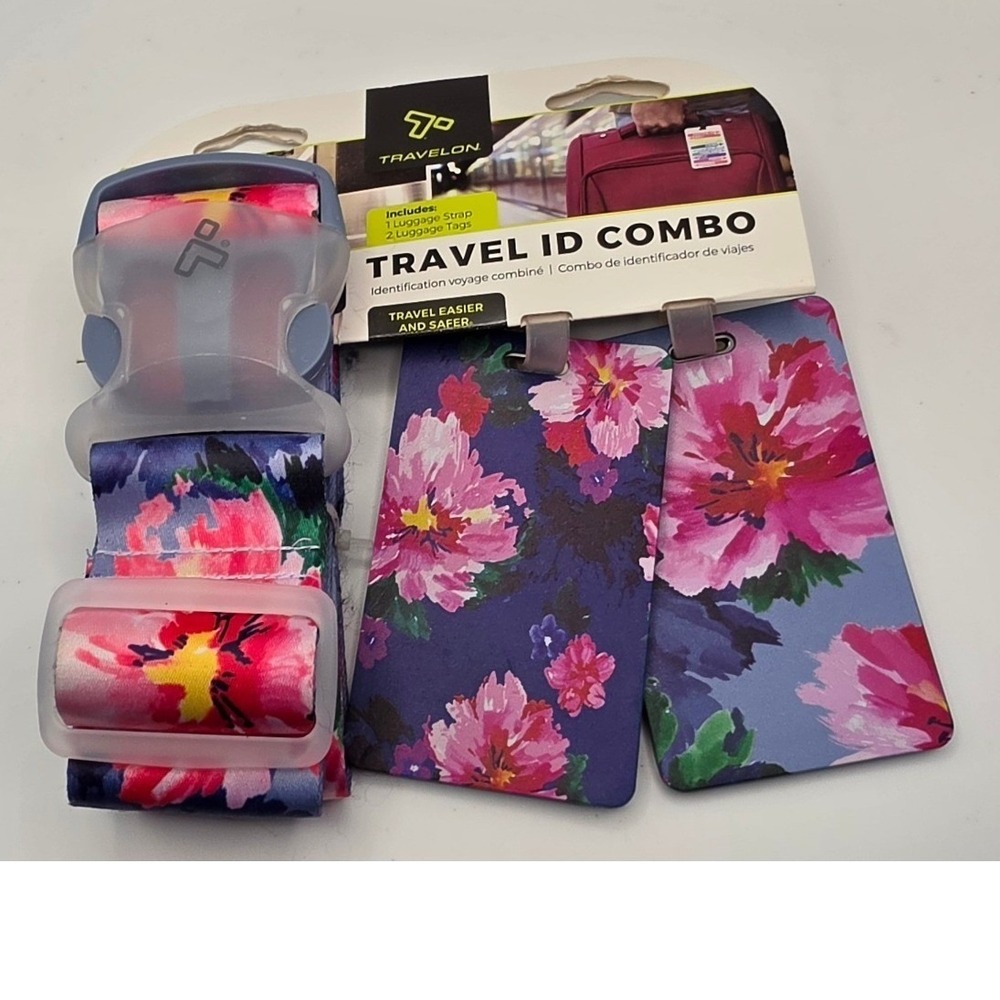 Travelon Travel ID Combo Floral Luggage Strap and 2 ID Tags Pink Purple 05420